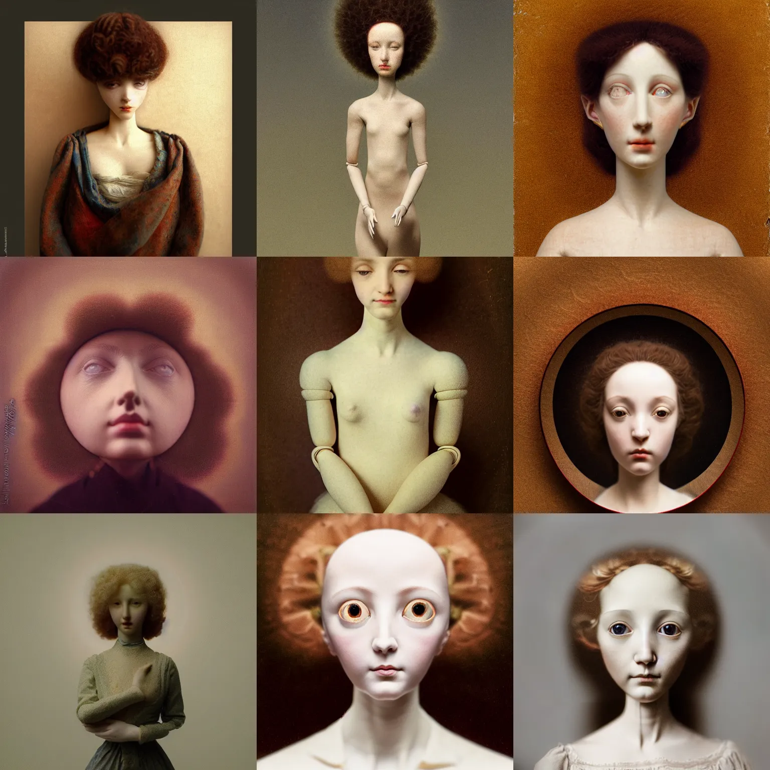 Prompt: circular fisheye photo portrait of a beautiful female jointed art doll, holding each other, 8 mm wide angle lens, distorted perspective, by agostino arrivabene, by fernand khnopff, by rembrandt, rendered in octane, photography, photorealistic, surreal, crying, mysterious