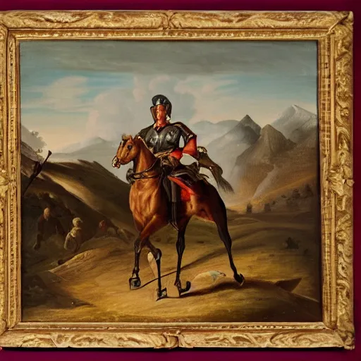 Image similar to portrait oil on canvas of a man mounted on horseback while raising a sword with his right hand pointing north, behind him in the vast distance 1 0 0 warriors can be seen fighting with swords and muskets, light, cloudy, mountains in the background,