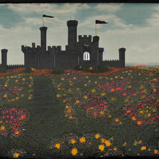 Image similar to A very intrincated and ominous tall black castle stands in the middle of an plain covered with colorful flowers