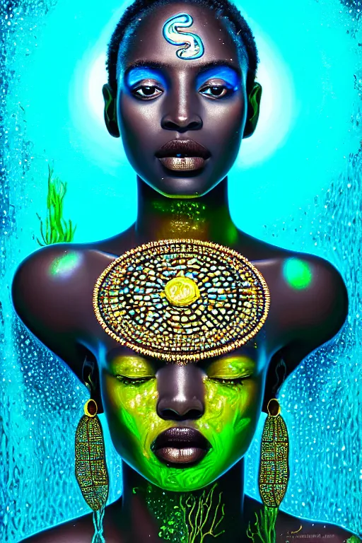 Image similar to hyperrealistic precisionist cinematic very expressive! bioluminescent african goddess, full body, underwater scene with fish and algae, gold jewerly, highly detailed face, digital art masterpiece, eric zener cam de leon, dramatic pearlescent turquoise light on one side, long shot, low angle uhd 8 k, sharp focus