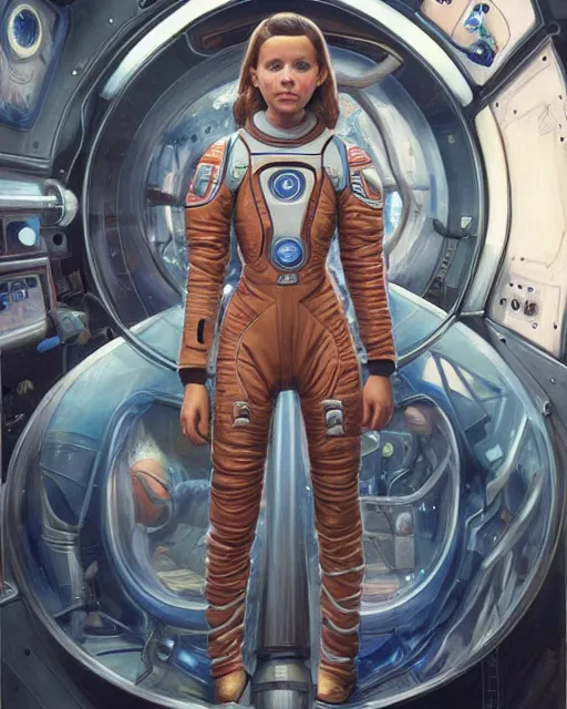 Image similar to a realistic oil painting of a girl resembling alicia vikander or millie bobby brown wearing a spacesuit in a futuristic mechanical spaceship engine, highly detailed, intricate, artstation, by donato giancola