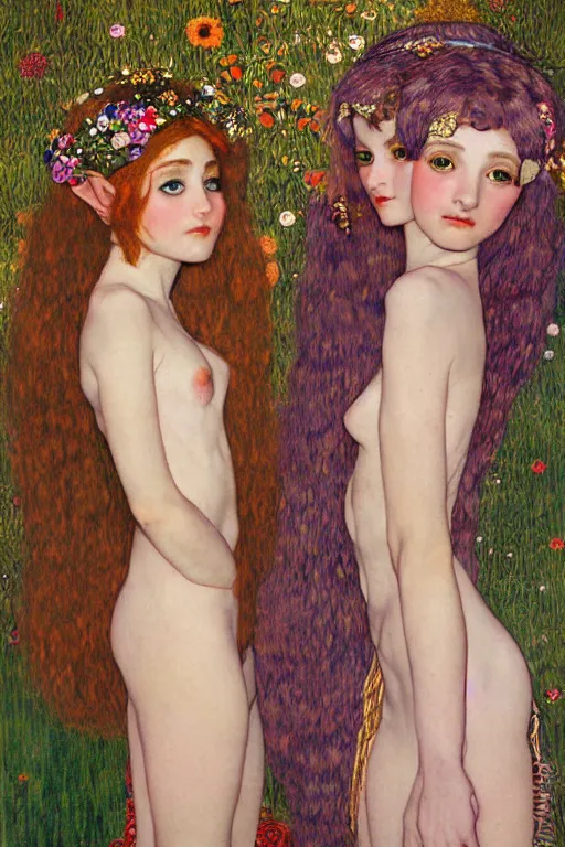 Image similar to two beautiful young elf maidens, fantasy, kiss, highly detailed, artstation, illustration, art by Gustav Klimt
