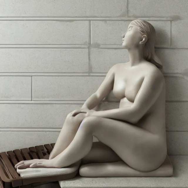 Image similar to realistic porcelain statue of a person sitting in sauna, 4 k photo, spotlight