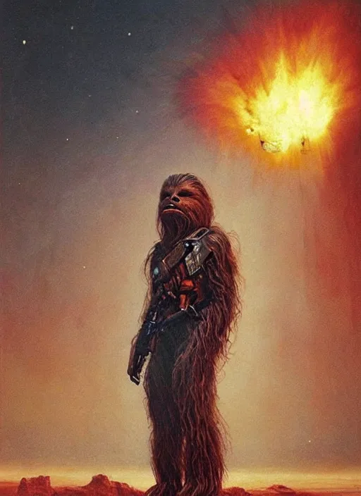 Prompt: chewbacca hyperdetailed hell armor, facing an asteroid meteor, fire, beksinski, trending on artstation