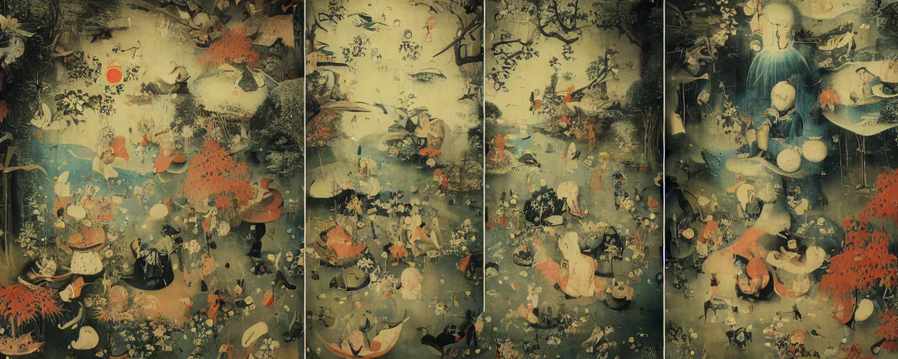Image similar to Japanese Garden Triptych by Hieronymus Bosch and James Jean, Ross Tran, hypermaximalist, 8k, surreal oil painting, highly detailed, dream like, masterpiece