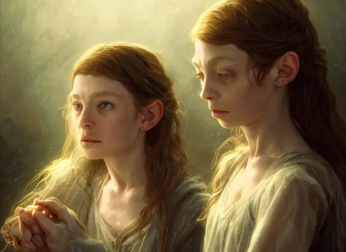 Image similar to a dramatic highly detailed render of the kids of Galadriel and Gollum, Middle-earth , by WLOP and Artgerm and Greg Rutkowski and Alphonse Mucha, Beautiful dynamic dramatic dark moody lighting, shadows, cinematic atmosphere, Artstation, Octane render, 8K, masterpiece, sharp focus, hyperrealistic, photograph