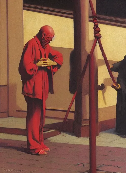 Prompt: a deity meeting a poor beggar on the streets of beijing edward hopper and james gilleard, zdzislaw beksinski, in the style of francis bacon, surreal, norman rockwell and malcolm liepke james jean, greg hildebrandt, and mark brooks, triadic color scheme, by greg rutkowski, in the style of syd mead