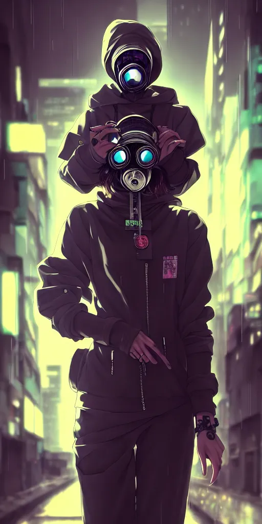 Image similar to cyberpunk anime girl in hoodie, cyberpunk gas mask, 3 / 4 shot, street night, grafity, beautiful face, grafity, arcane, action, tokyo street, detail, good face, pose model, concept art, in style of yoji shinkawa, pan ren wei, col price, atey ghailan, by greg rutkowski, aesthetic