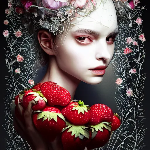 Image similar to the portrait of an absurdly beautiful, graceful, elegant, sophisticated, fashionable woman made of strawberries and white petals looking down, an ultrafine hyperdetailed illustration by kim jung gi, irakli nadar, intricate linework, bright colors, octopath traveler, final fantasy, unreal engine 5 highly rendered, global illumination, radiant light, detailed and intricate environment