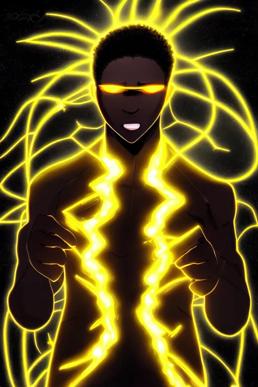 Image similar to glowing black male anime character, golden hair, yellow eyes, symmetrical, highly detailed, digital art, sharp focus, trending on art station, crazy hair, electricity superpowers, anime art style