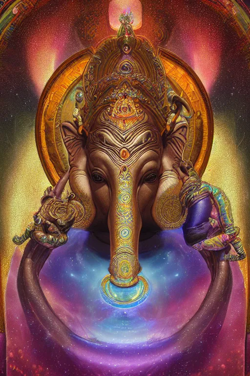 Prompt: ultrarealistic portrait of a cosmic ganesh, mandala, perfect symmetry, psychedelic, space stars nebulas, vivid color, rainbowshift, detailed digital matte painting, dark atmosphere, by h. r. giger and alphonse mucha, octane render, cgi