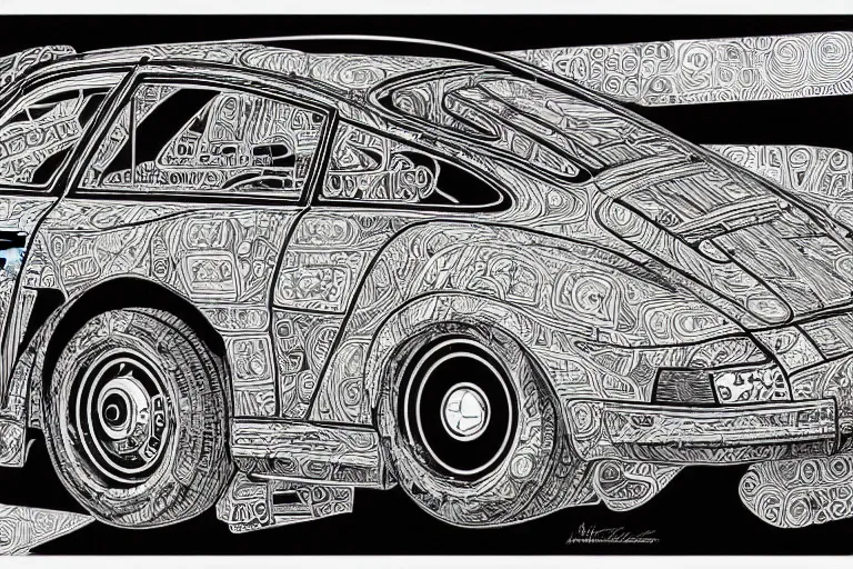 Image similar to a black and white drawing of a porsche 9 1 1, a detailed mixed media collage by hiroki tsukuda and eduardo paolozzi and moebius, intricate linework, sketchbook psychedelic doodle comic drawing, geometric, street art, polycount, deconstructivism, matte drawing, academic art, constructivism