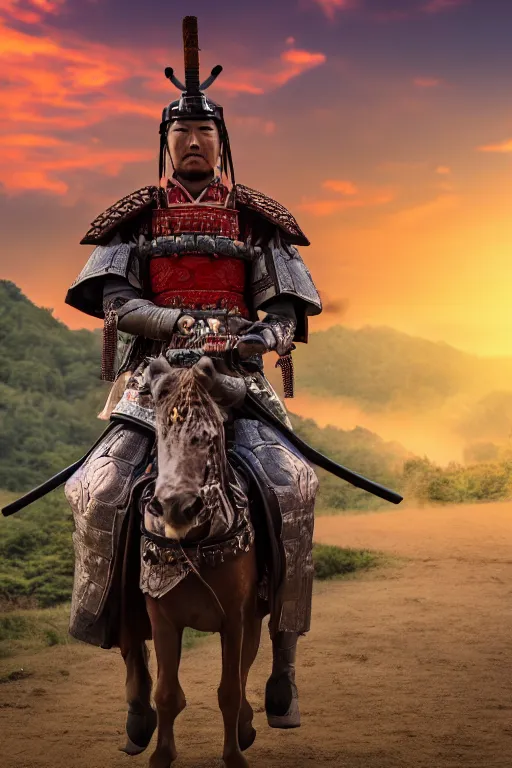 Image similar to highly detailed samurai warlord on a horse, atmospheric background, Japanese castle on background, sunset light, natural volumetric lighting, Toshiro Mifune, 8k,