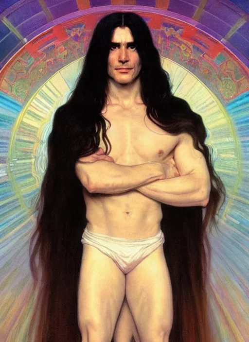 Prompt: a muscular man with long black hair and pale skin. he is wearing a white royal robe. i'm the background, rainbow colors swirl around him. chromatic light. portrait painting by artgerm and greg rutkowski and alphonse mucha.