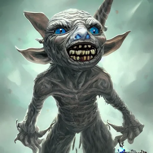 Image similar to a highly detailed flying goblin with grey skin and blue eyes that glow, grey background, surrounded by wind, like magic the gathering, goblin chainwalker, digital art, by christopher rush