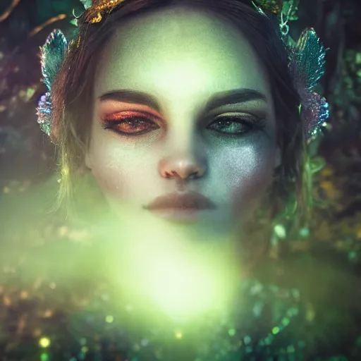 Prompt: a gorgeous photography of the face of a magical fairy in the night in a forest, 4k, detailed, trending on artstation