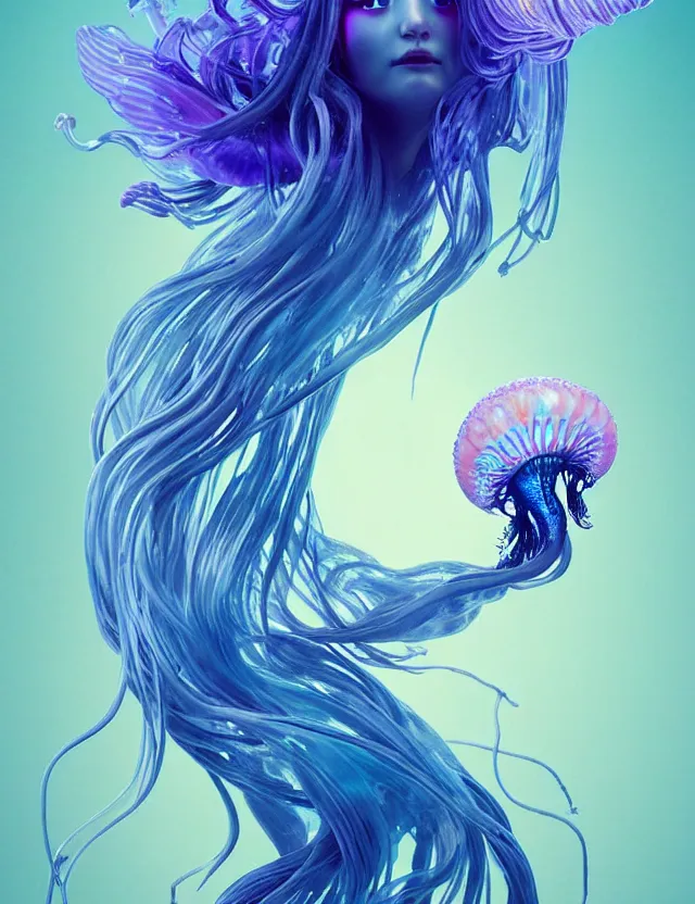 Image similar to 3 d goddess jellyfish half - turn portrait with long hair with ram skull. beautiful intricately detailed japanese crow kitsune mask and clasical japanese kimono. betta fish, jellyfish phoenix, bio luminescent, plasma, ice, water, wind, creature, artwork by tooth wu and wlop and beeple and greg rutkowski