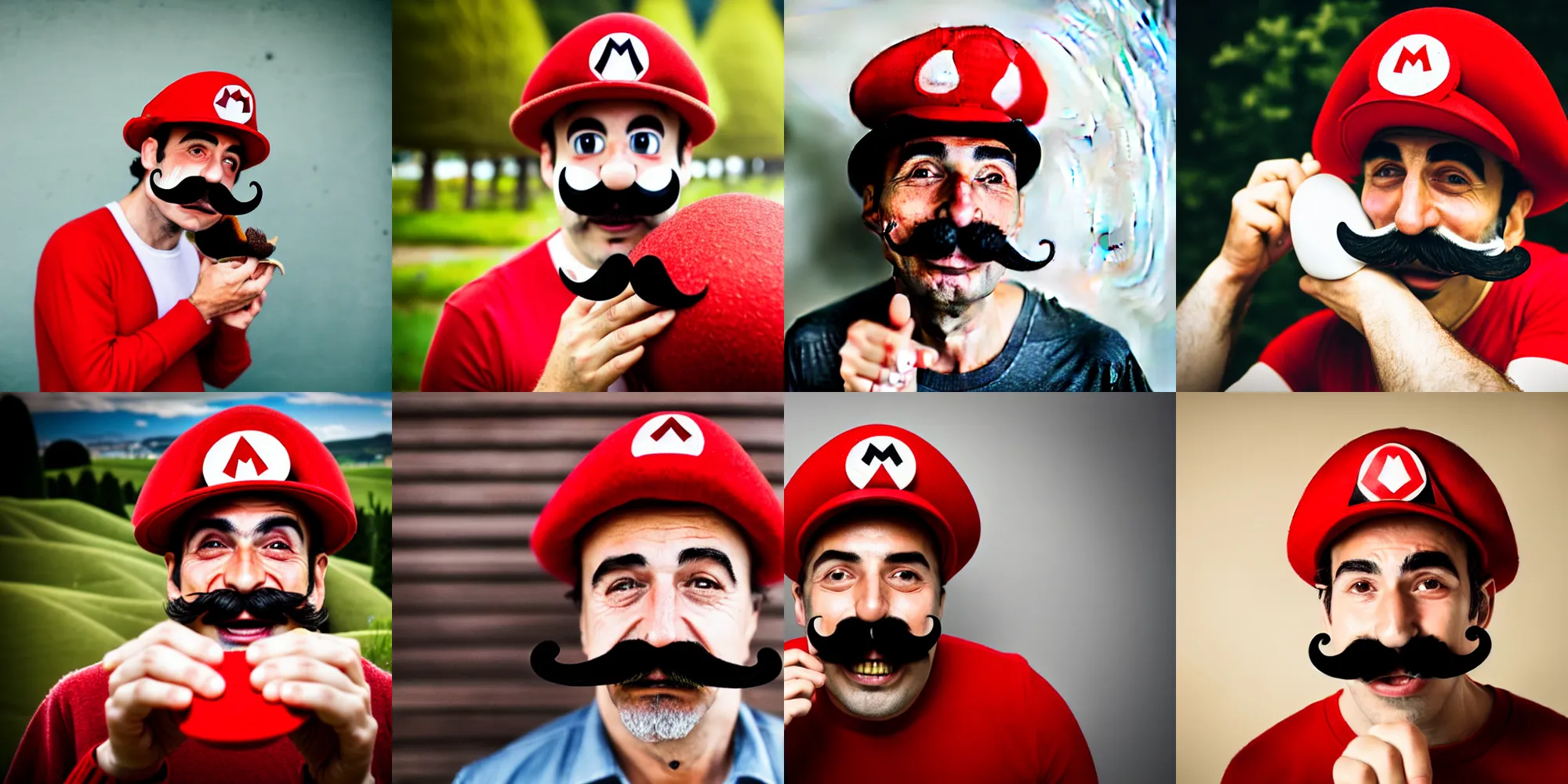 Prompt: italian man with a mustache dressed as mario wearing a solid red mario hat, 85mm lens, f1.8, crying tears of joy hugging a red mushroom with white spots