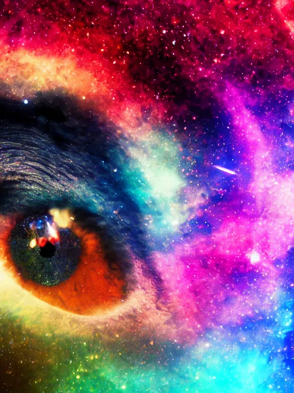 Image similar to close - up photo of human eye, transforms into a nebula, 4 k