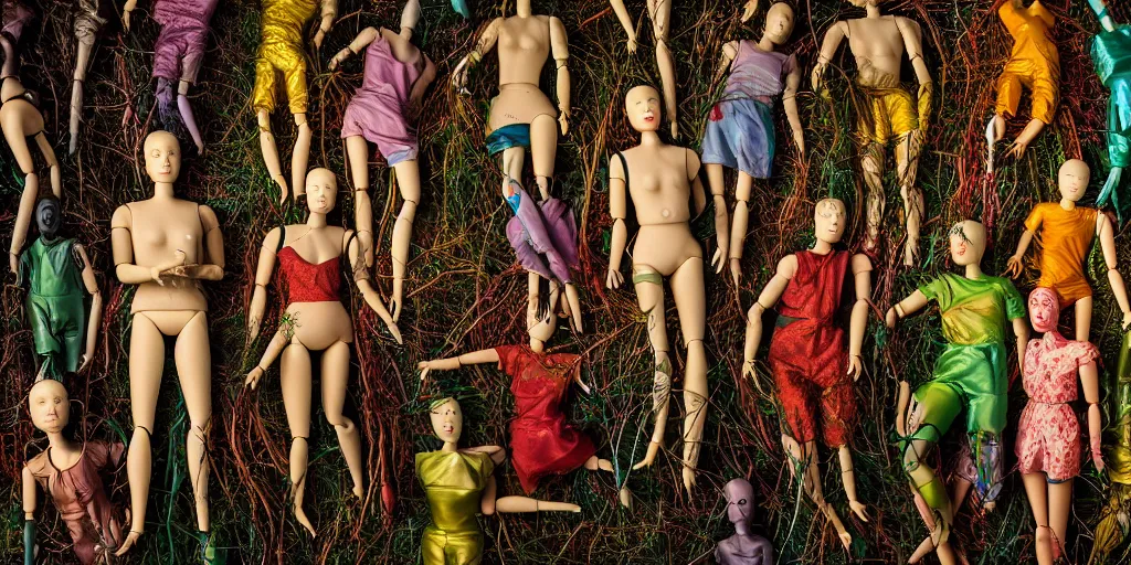 Prompt: award winning photo ofcontainer filled with manikin dolls neXt to metallic forest, vivid colors, happy, symmetrical face, beautiful eyes, studio lighting, wide shot art by gregory crewdson