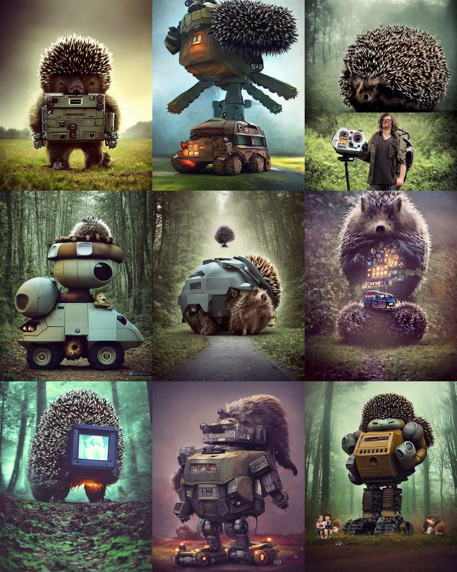 Prompt: giant oversized battle hedgehog robot wacky chubby war mech vehicle! double decker bus with giant oversized hair and hedgehog babies ,on forest path , full body , Cinematic focus, Polaroid photo, vintage , neutral dull colors, soft lights, foggy darkness, bokeh , by oleg oprisco , by thomas peschak, by discovery channel, by victor enrich , by gregory crewdson