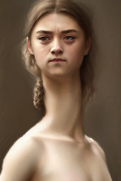 Prompt: portrait of arya stark as a beautiful athletic pale girl, hd, realistic, bouguereau