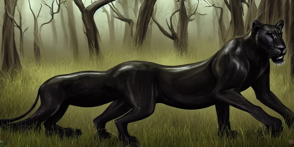 Image similar to a black lioness, made of smooth black goo, prowling through the forest, viscous, sticky, full of tar, covered with black goo. concept art, realism, animal drawing, color, savanna, wildlife photography, black goo, cinematic, in the style of cory loftis