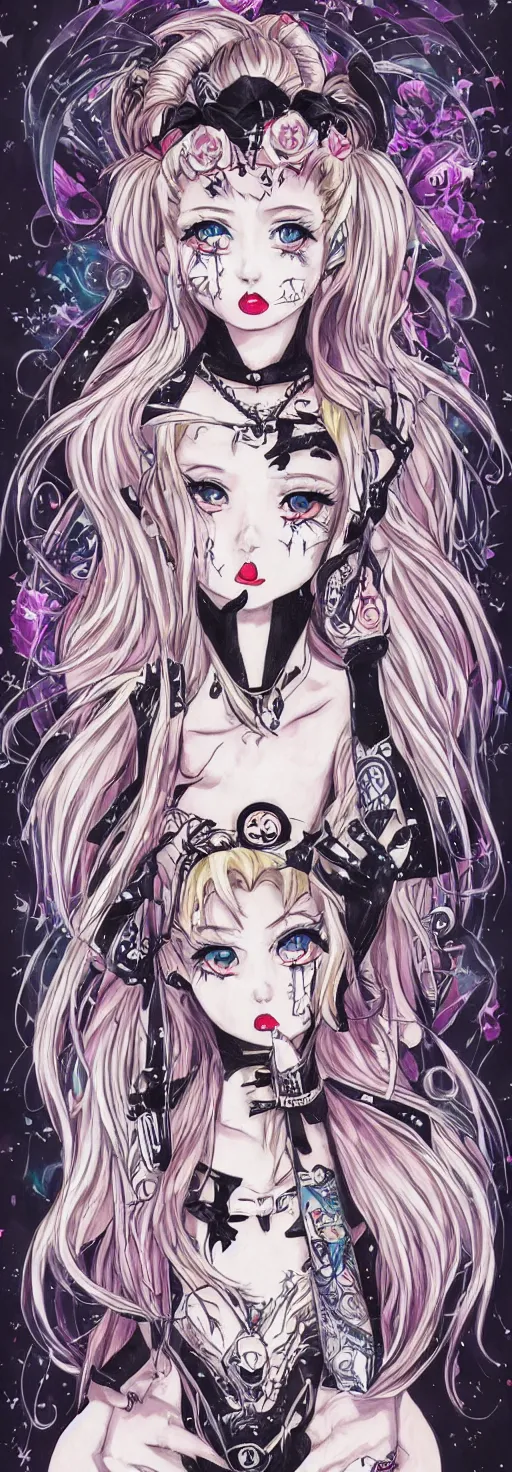 Prompt: Punk Rock Sailor Moon, with tattoos, dark clothing, beautiful portrait painting of an anime girl, cute, blonde hair, symmetrical face, symmetrical eyes, two identical symmetrical eyes, portrait, beautiful girl, artstation, trending on artstation, gorgeous, smooth skin, cutie, long hair, fantasy style, pastel colors , FHD