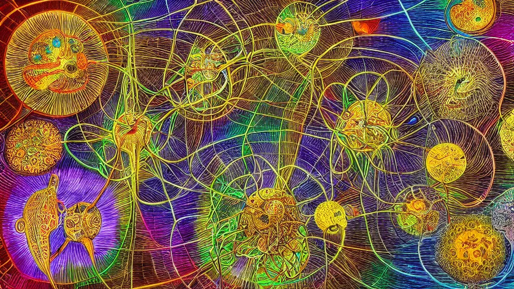 Prompt: quantum connections represented as symbiotic organisms like cells playing around with colorful lights by ernst haeckel, connectivity, sharp, realistic, magnetic