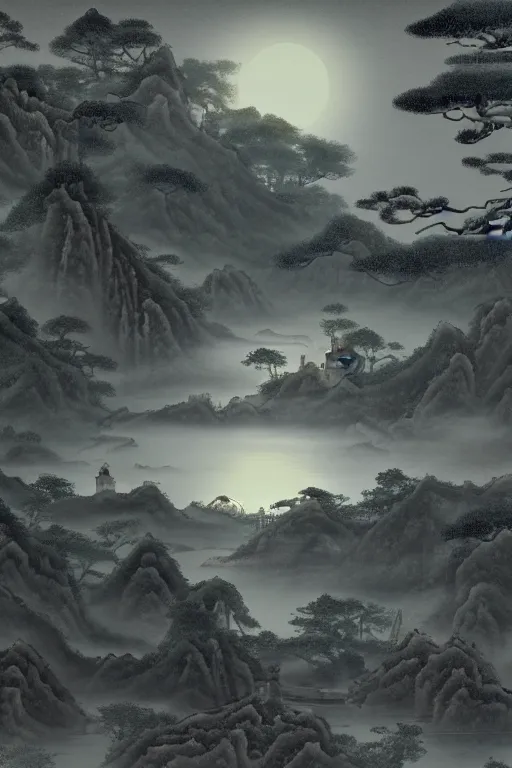 Image similar to chinese painting rendering of a surreal ancient chinese landscape, with a stream, little moon | moonlet, an ancient chinese pavilion and pine trees on the water surface, a dark starry sky, clouds, lighting in the pavilion, magical light fog, night, dim light, aestheticism, fantasy, 8 k, cinematic, zbrush, marmoset toolkit