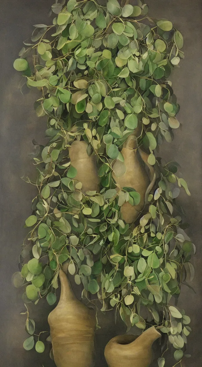 Prompt: a biomorphic ceramic still distilling eucalyptus into green oil, flowing, amphora, alchemical still, brush stroke, romantic painting