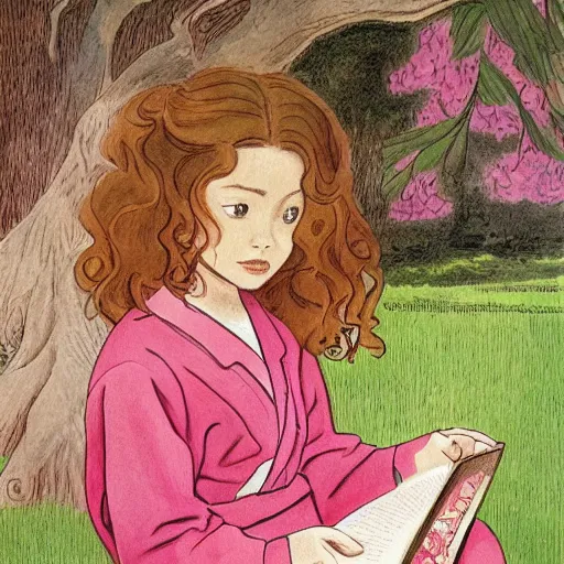Image similar to beautiful little girl with long curly red hair dressed in a pink kimono and sitting next to a tree while reading a book, artwork made in western comic art style, inspired in balthus, anatomically correct, higher details, realistic