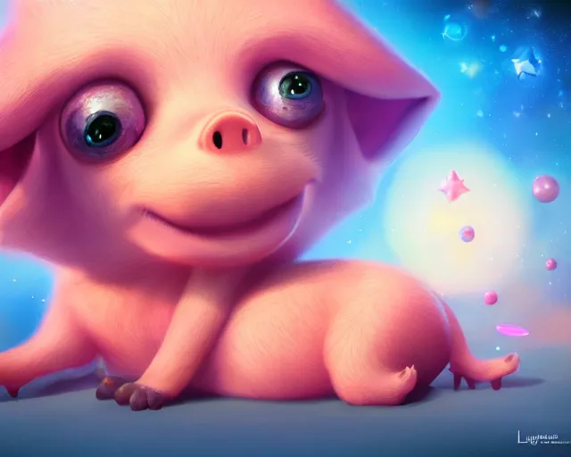 Image similar to 3D Fantasy Cute and adorable space piglet princess, huge adorable eyes, bright stars, Smooth 3D Illustration, soft render, Servando Lupini, Daniil Kudriavtsev, handpaint texture, Blender, 3DCoat