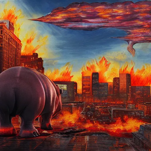 Image similar to Giant hippo over a city in flames, highly detailed painting, 4k, soft light