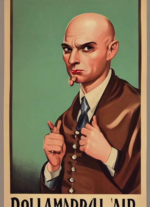 Image similar to portrait of glamorous bald medieval man with annoyed gesture, 1940s propaganda poster, full hd,highly detailed
