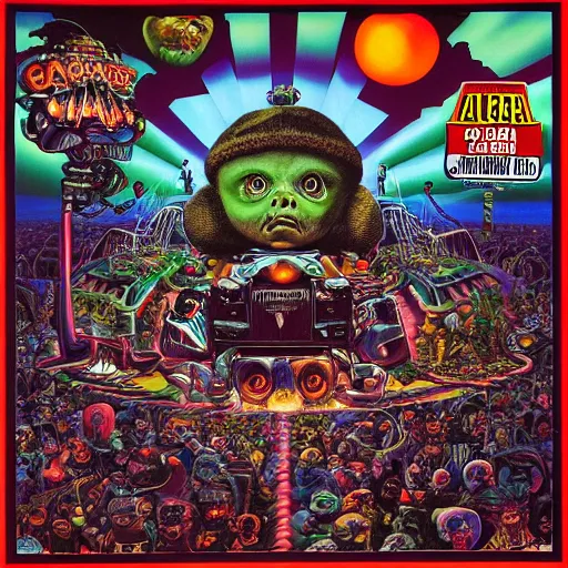 Image similar to the garbage pail kids on tool album cover, 8 k resolution hyperdetailed scary dystopian surrealism style of alex grey