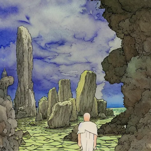 Image similar to a hyperrealist studio ghibli watercolor fantasy concept art. in the foreground is a giant monk in a grey robe lifting a stone. in the background is stonehenge. the scene is underwater on the sea floor. by rebecca guay, michael kaluta, charles vess