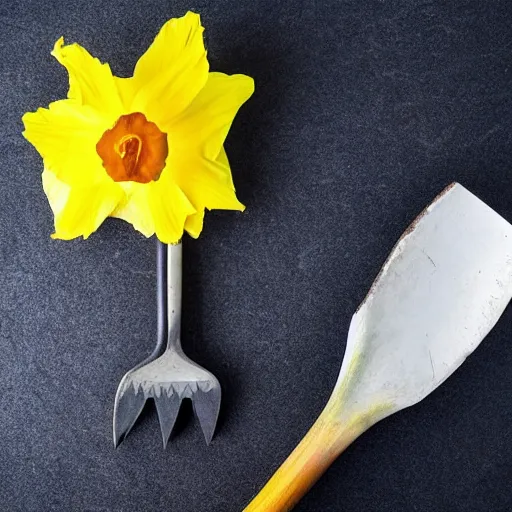 Prompt: a daffodil with fangs and arms wields a shovel as if to attack the viewer, only to be defeated by another flower wielding a sword