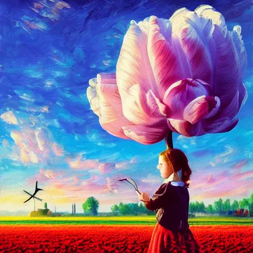 Image similar to dutch girl with singular giant tulip as a head, surreal photography, flower field, sunset dramatic light, impressionist painting, colorful clouds, blue sky, digital painting, artstation, simon stalenhag