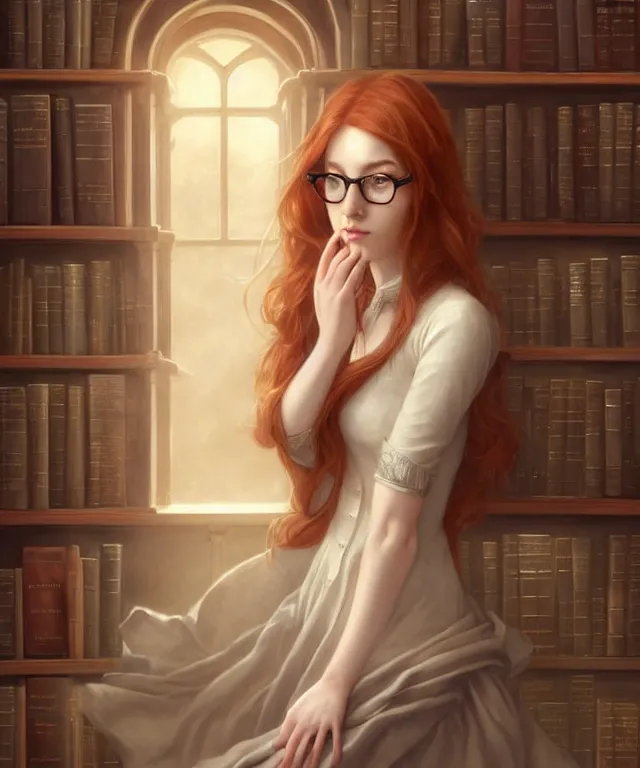 Prompt: cute female librarian in beautiful library by charlie bowater and titian and artgerm, full - body portrait, intricate, face, bookshelves, ginger hair, playful, dust, elegant, beige mist, beautiful, highly detailed, dramatic lighting, sharp focus, trending on artstation, artstationhd, artstationhq, unreal engine, 4 k, 8 k