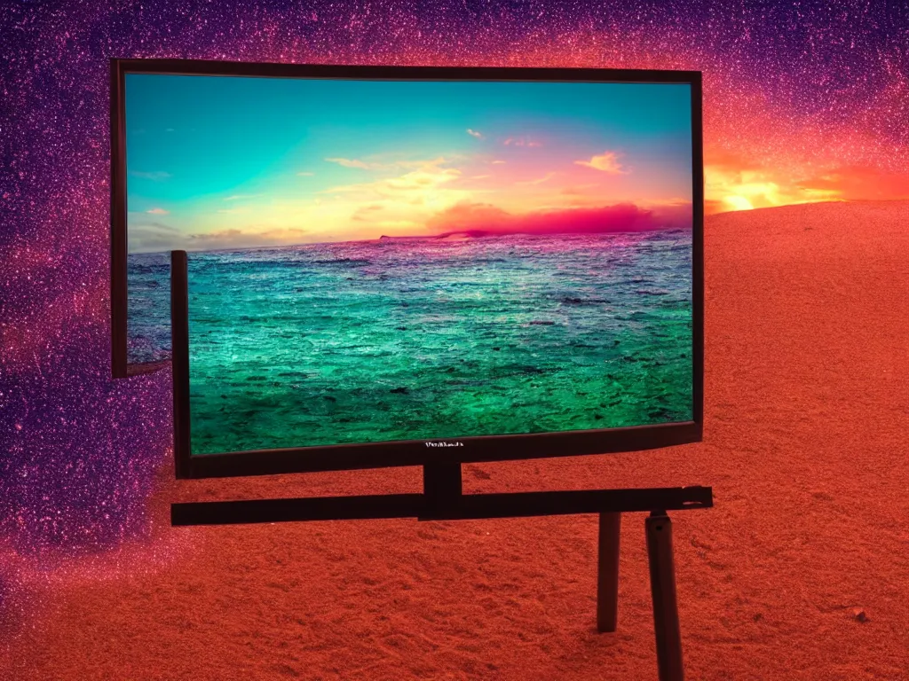 Image similar to purple television, red sand beach, green ocean, nebula sunset