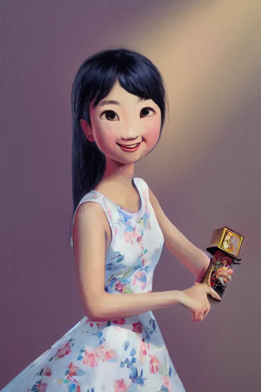 Prompt: a painting of cute Asian girl smiling, Gabbana dress, in the style of Pixar animation, low angle view, 16mm lens, award winning, hyper detailed, dramatic lighting, artstation, octane renderer, unreal engine