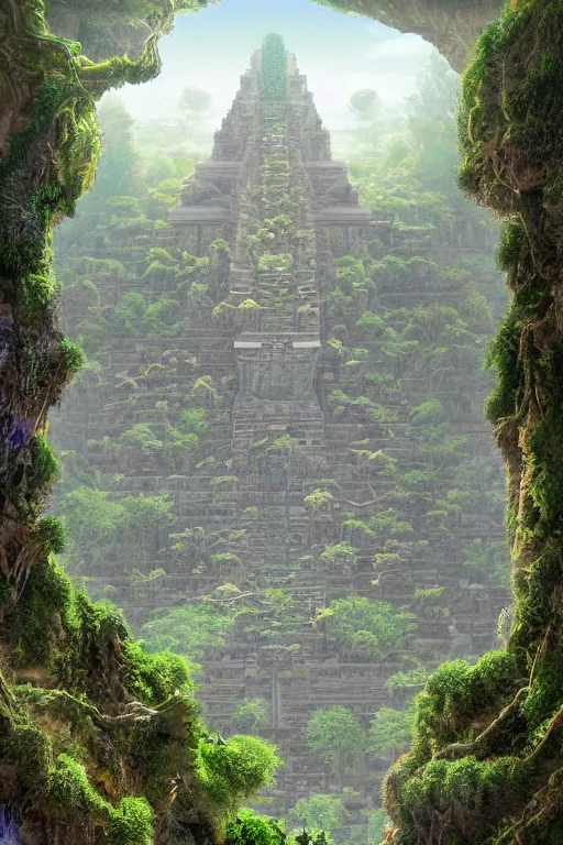 Image similar to ancient fractal temple megastructure in the hanging gardens of babylon, scanned earth terrain, erosion algorithm landscape, by albert bierdstat, by glenn small, high fantasy, high resolution, photorealism, populated by luminous beings, volumes of fog