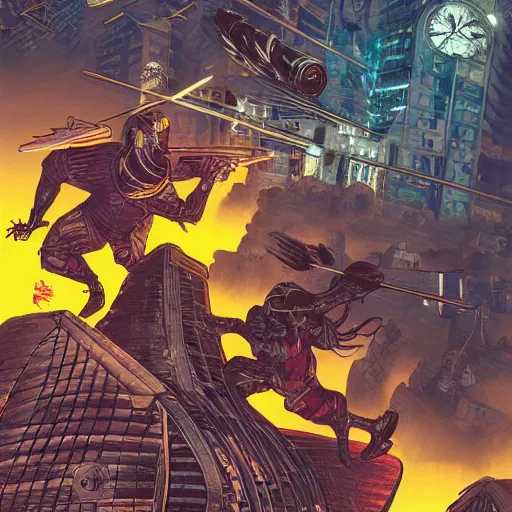 Image similar to combat ninja cyborgs combat in cybercity, golden hour, art by petros afshar and carl barks and hieronymus bosch and santiago caruso, highly detailed