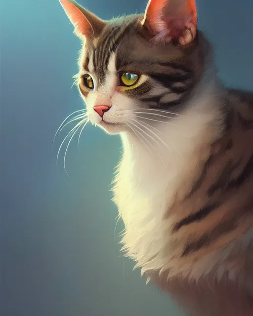 Image similar to highly detailed vfx portrait of a cute cat, unreal engine, greg rutkowski, loish, rhads, beeple, makoto shinkai and lois van baarle, ilya kuvshinov, rossdraws, tom bagshaw, alphonse mucha, global illumination, detailed and intricate environment