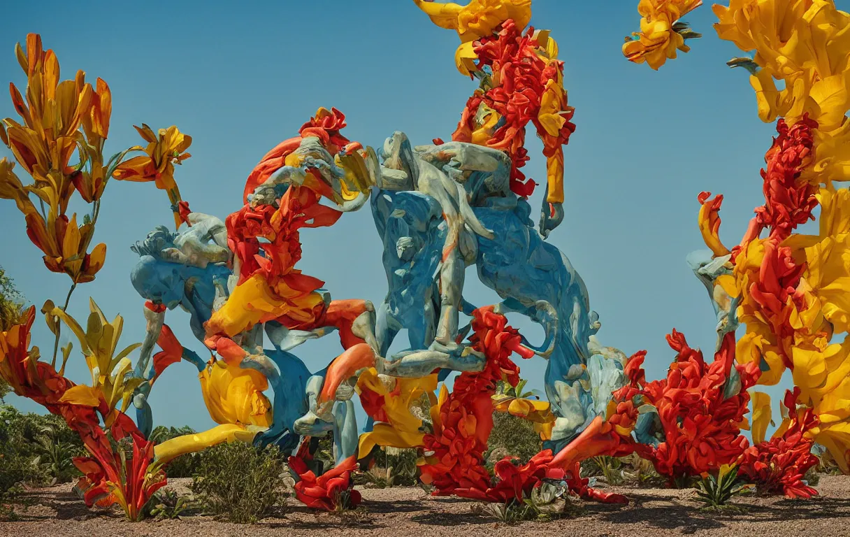 Image similar to a cowboy turning into blooms. tropical sea slugs, tractor tires. complementary colors. national geographic. 8 k, rendered in octane, smooth gradients. sculpture by antonio canova. red accents. by slim aarons, by zhang kechun, by lynda benglis