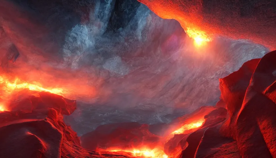 Prompt: wide angle cinematic shot of a deep fiery canyon in a freezing icy planet, ice fire contrast, epic scale, HD cinematic render, volumetric lighting, 4k