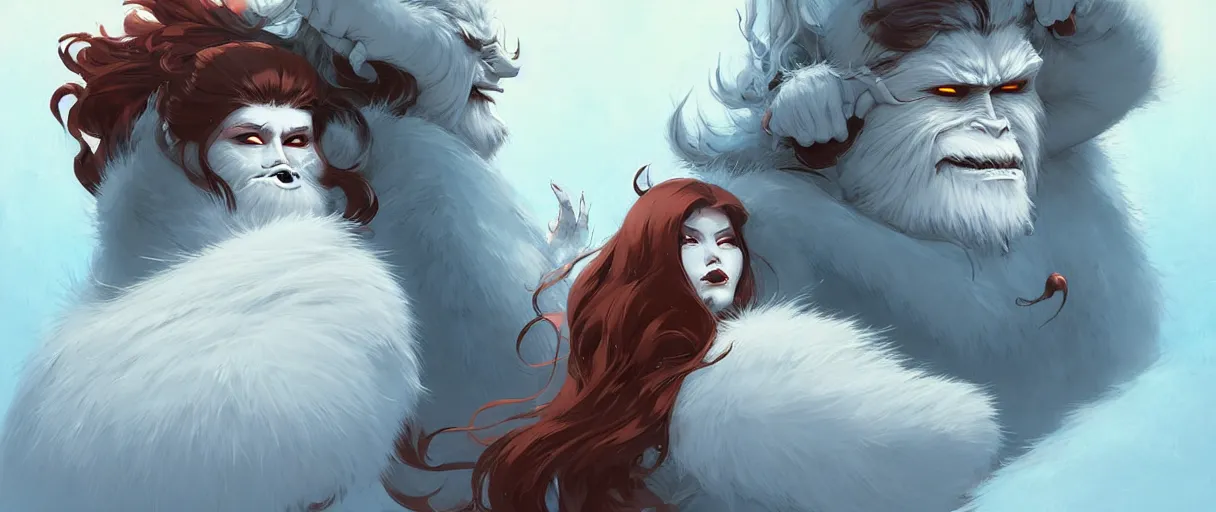 Image similar to beautiful artistic - wave highly detailed portrait female yeti and bigfoot, with kitsune mask, long red hair, by atey ghailan, by greg rutkowski, by greg tocchini, by james gilleard, by joe fenton, by kaethe butcher, dynamic lighting, gradient light blue, brown, blonde cream and white color scheme, grunge aesthetic