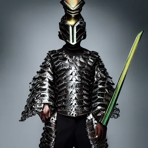 Image similar to a young beautiful male wearing a translucide iridiscent armor, photographed by Erwin Olaf for Vogue