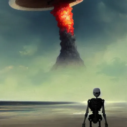 Prompt: Beautiful painting of relaxed skeleton walking on the tropical beach with nuclear bomb explosion in the background, high quality, trending on Artstation, realistic, by Greg Rutkowski, highly detailed big mushroom cloud, vibrant colors